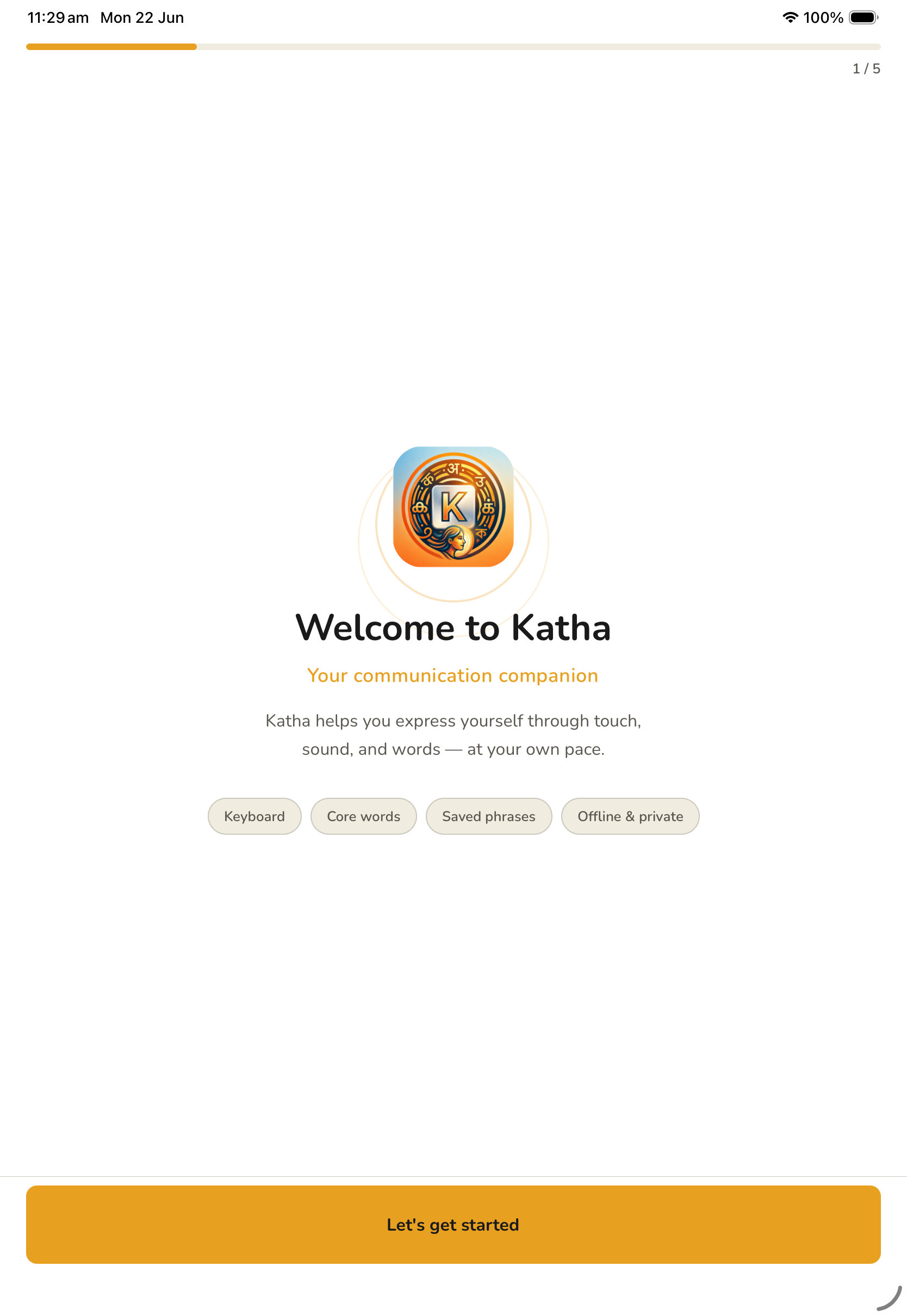 Katha welcome screen on a tablet